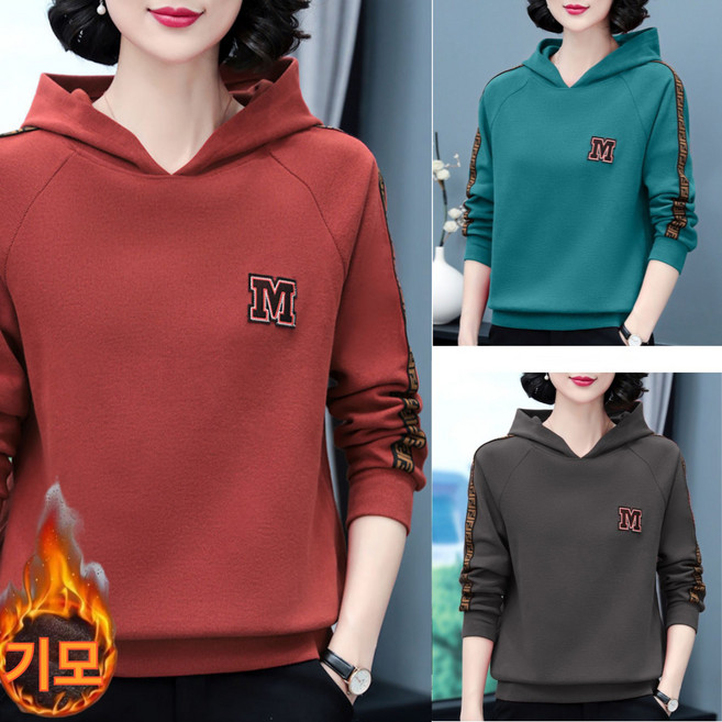 uniquezon 중년여성 캐주얼 기모 도톰 후드 티셔츠 루즈핏 긴팔 맨투맨 40대50대엄마 빅사이즈