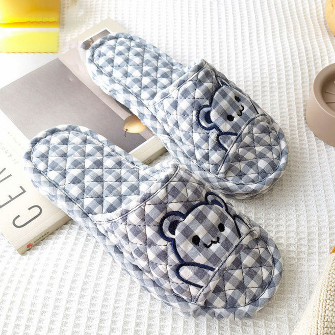 층간소음방지 3중쿠션 실내화 체크 곰돌이 슬리퍼 커플 남녀거실화 사무실 4계절 거실화 남성 여성, 블랙, 1개