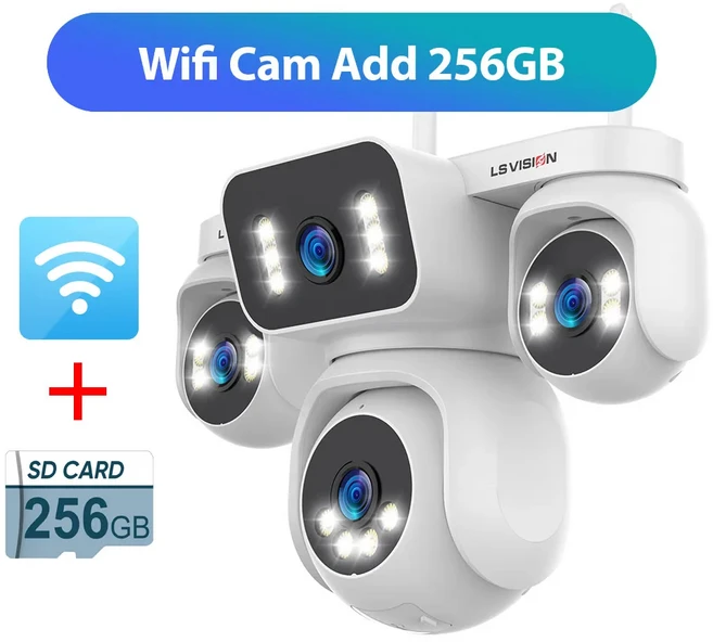 LS VISION 20MP 4화면 WiFi IP 카메라 무선 4렌즈 12배 줌 PTZ 보안 카메라 CCTV 자동 추적 야외 감시 카메, 01 20MP Add 256G Card, 04 EU 플러그