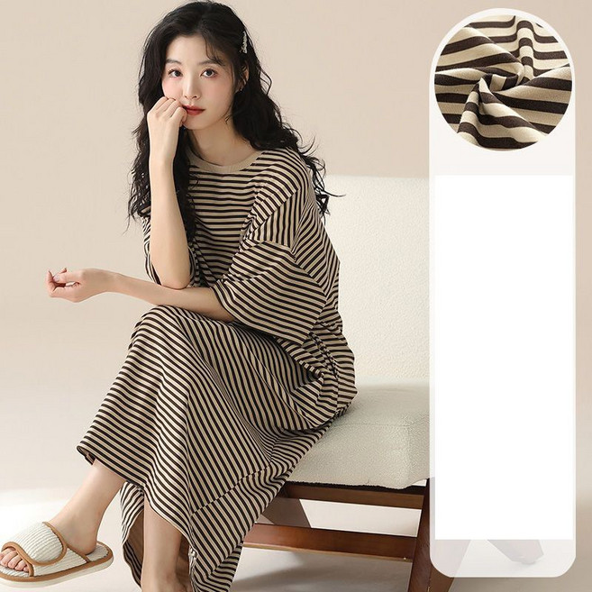 여성 반팔 잠옷 원피스 캐주얼 봄 여름 훔웨어 치마 루즈핏 실내복 스트라이프 순면 원피스 LPC