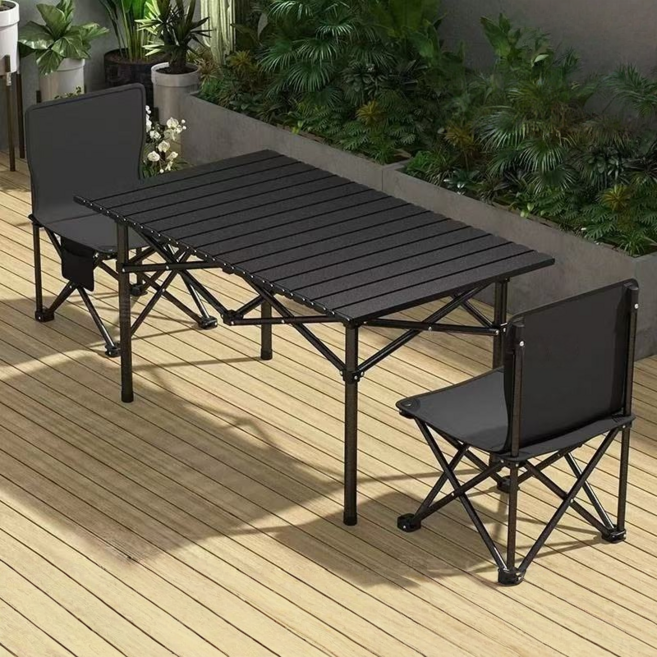 캠핑 접이식 롤 테이블&의자 세트 실내 야외 의자 2개+ 테이블 1개 2인용 세트, 블랙