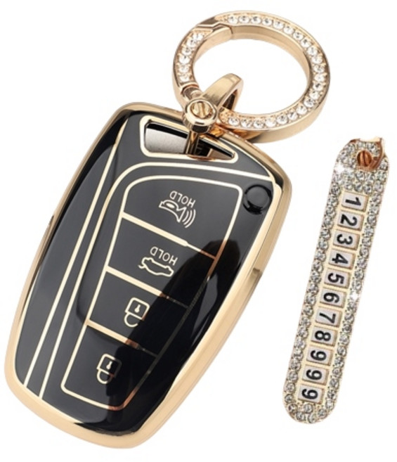 키에티 현대 스마트키 호환 그랜져HG 싼타페DM 4버튼 실버라인 스마트 차 키케이스 키홀더 + 분실방지 큐빅 전화번호판, 블랙 골드라인