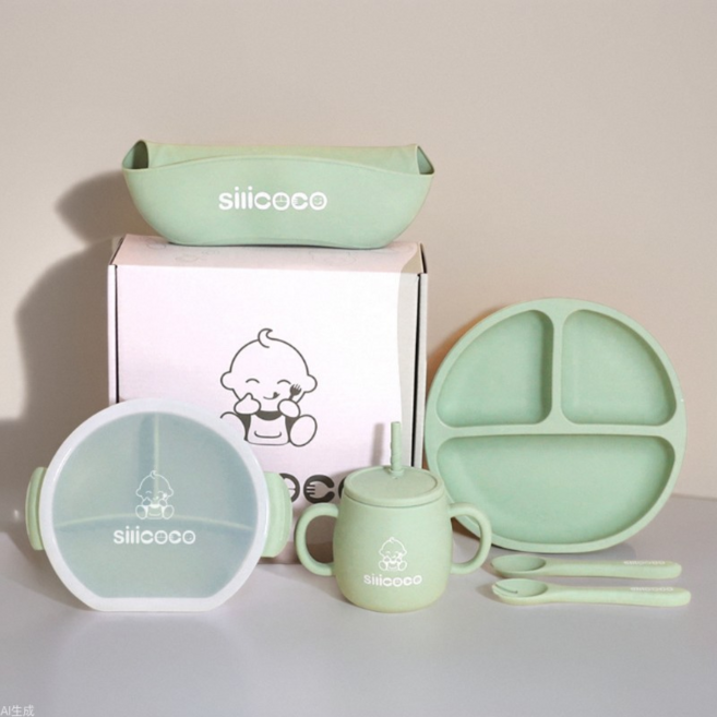 Silicoco 올인원 아기식판 실리콘 아기선물 식기 세트, 1세트, 6종, 그린