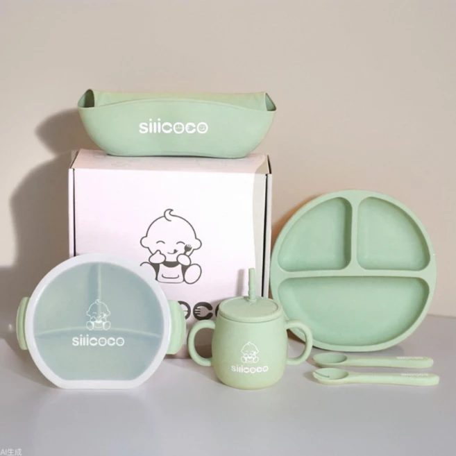 Silicoco 올인원 아기식판 실리콘 아기선물 식기 세트, 1세트, 6종, 그린 - 쿠팡