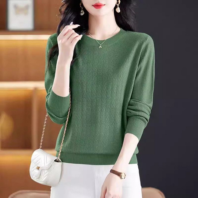 중년 여성 라운드넥 니트 티셔츠 봄 가을 엄마 캐주얼 코디 얇은 스웨터 루즈핏 슬림핏 이너 상의 SJS