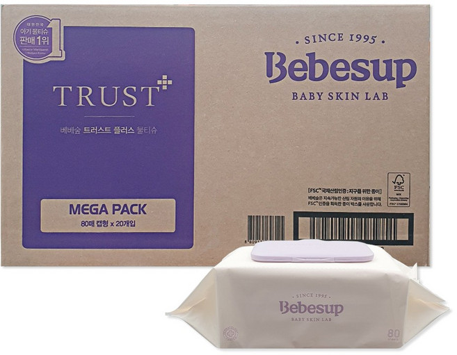 베베숲 트러스트 플러스 물티슈 캡형, 80매, 20개