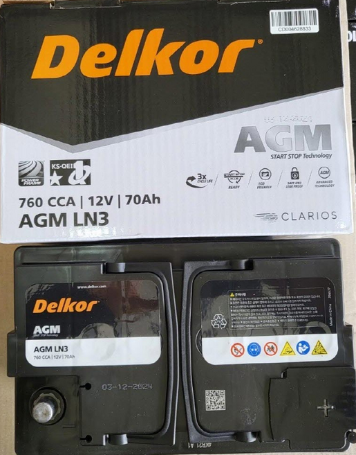 델코 AGM LN3 70AH 자동차 배터리 차량용 배터리 I30 GD 그랜저HG 코나(디젤) K3 K5 쏘올 카렌스 말리부 QM5 SM5 QM6 SM6, 1개, 공구대여 O + 폐배터리반납 O