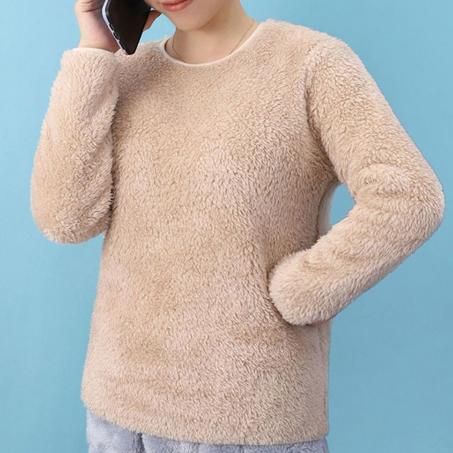 ROYALBELLE 여성 빅사이즈 보온 이너 양면 코랄후리스 라운드넥 긴팔 티셔츠 K0110220