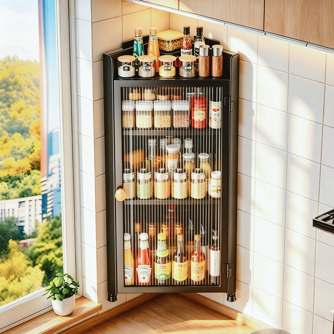 GOOD MOMENT 주방 수납장 카본강 스틸 먼지차단 슬라이딩 도어 조리대 코너 수납, 1개, 블랙