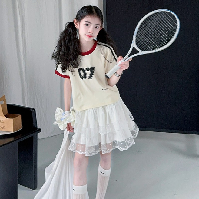 삐삐네옷가게 여아 주니어 하이틴 배색 티셔츠 레이스 프릴 스커트 셋업