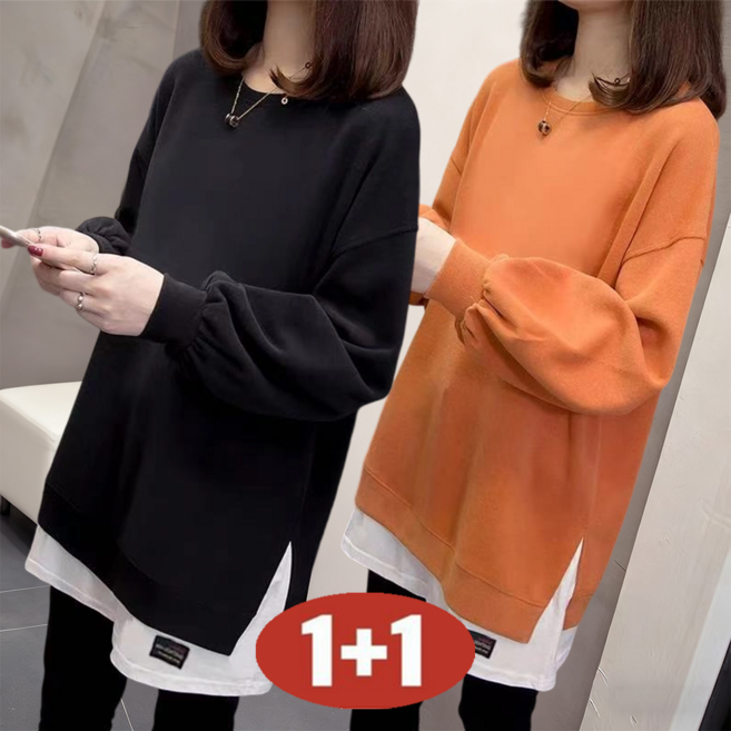 오스틱니 110kg까지 빅사이즈 1+1 날씬해보이는 라운드 레이어드 맨투맨 여성 봄 가을 편한 무지 트임 심플 루즈핏 이너 bf 롱티셔츠 롱티 긴팔티 간절기 맨투맨티 데일리 풀오버