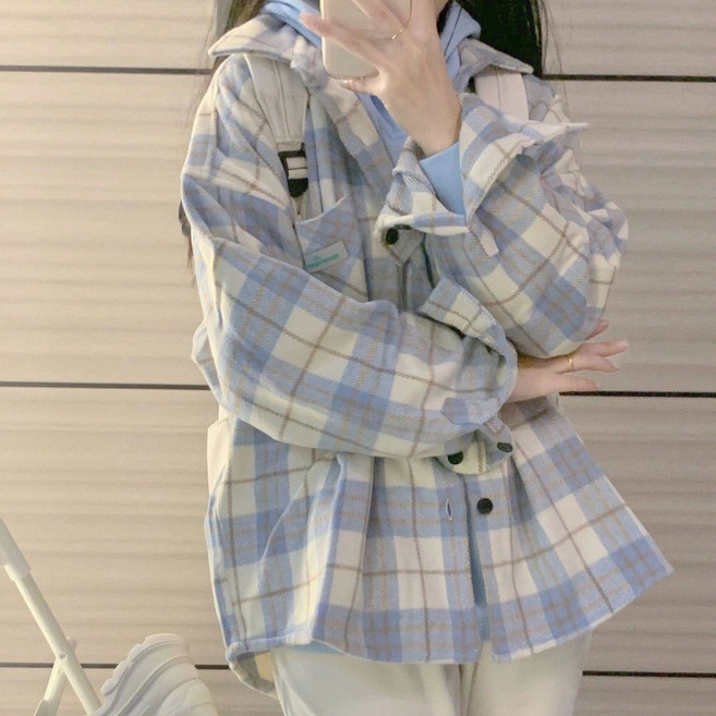 藍色格紋磨毛長袖襯衫 女生寬鬆休閒上衣