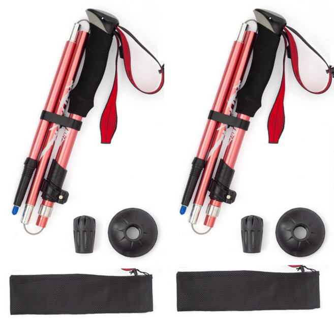 고급 초경량 접이식 휴대용 등산스틱 2개, 분홍, 1세트