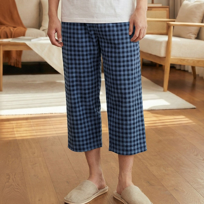 7부 기장 고슬고슬한 촉감 남성 여성 깅엄 체크 주머니 파자마 잠옷 바지 P-1017