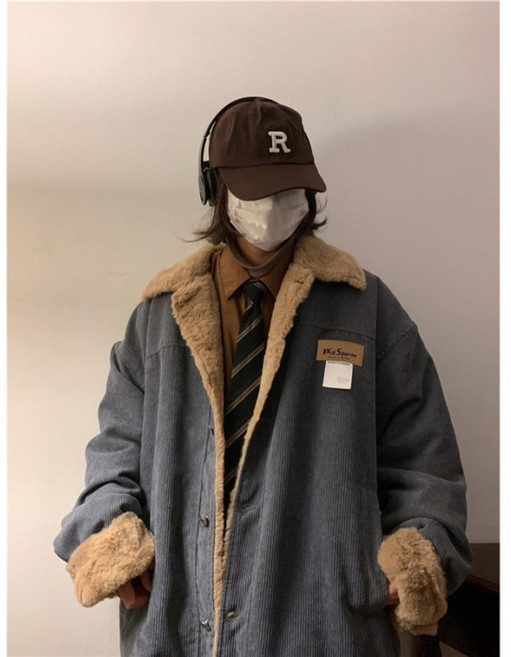 冬季燈芯絨加絨加厚外套 男款寬鬆日系工裝風格棉服
