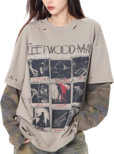 Makone 여성 티셔츠 디스트로이드 카무플라쥬 레이어드 라운드넥 루즈핏 빈티지 티셔츠