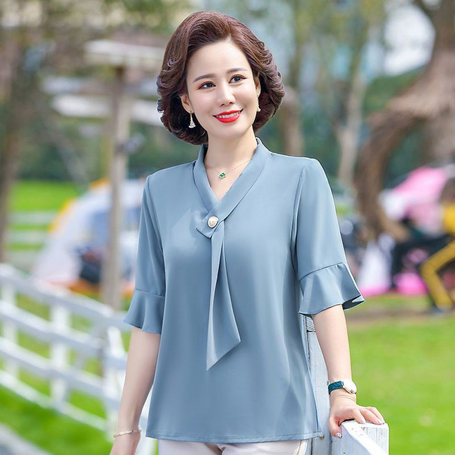 어머니 여름 반팔 서양 패션 탑 2022 새로운 중년 여성 기질 쉬폰 티셔츠 세트