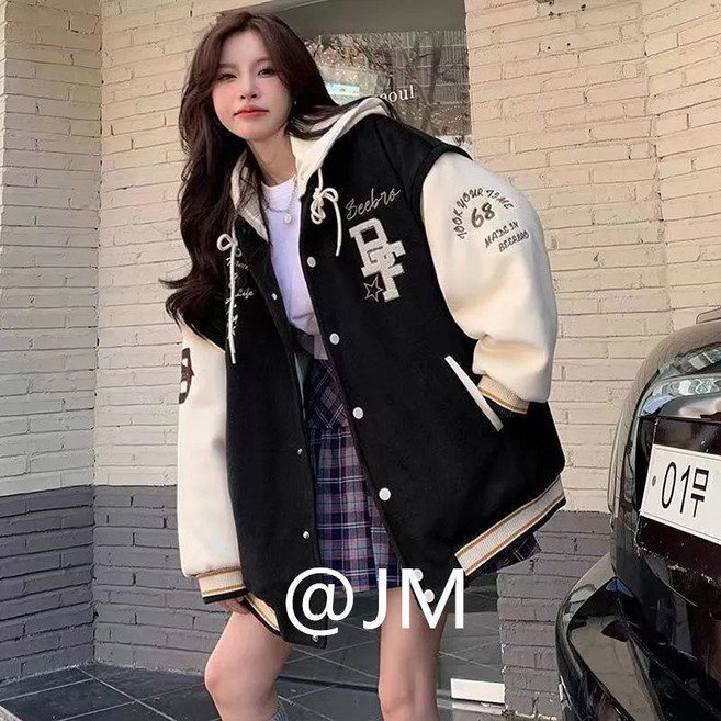 Beebro 美式復古連帽棒球服外套 女 秋冬 oversize 寬鬆夾克