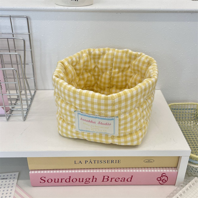 1+1 감성 체크 패브릭 수납 바구니 정리함, 2개, 옐로우