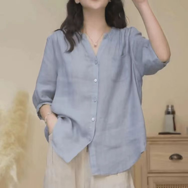 文藝復古棉麻V領半袖襯衫女夏季新款百搭設計感上衣