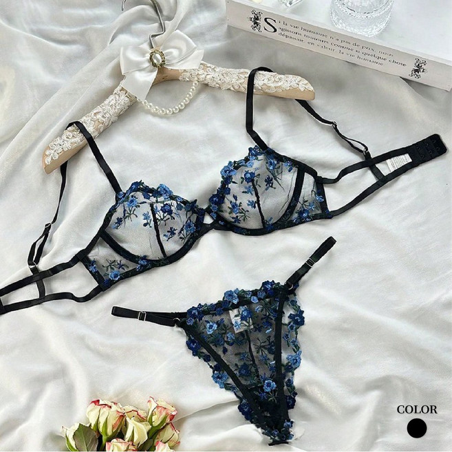 LUCISSI 花卉刺繡成套內衣 鋼圈透視網紗 集中托高