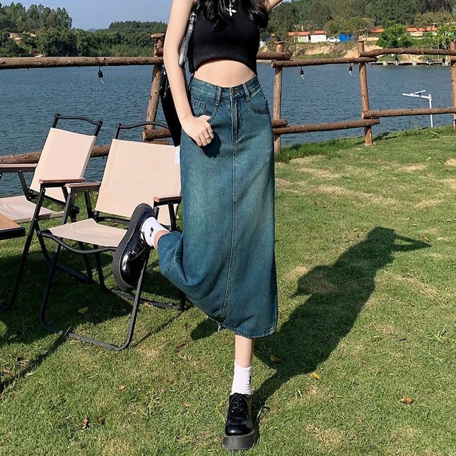 DIU 高級感中長款裙子高腰顯瘦A字裙新款復古藍牛仔開叉半身裙