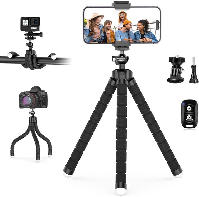 유비사이즈 휴대폰 삼각대 프로 S 무선 리모컨이 있는 프리미엄 유연한 삼각대 카메라 GoPro/Mobile용 미니 스탠드(업그레이드) 블랙, Tripod pro, 1개