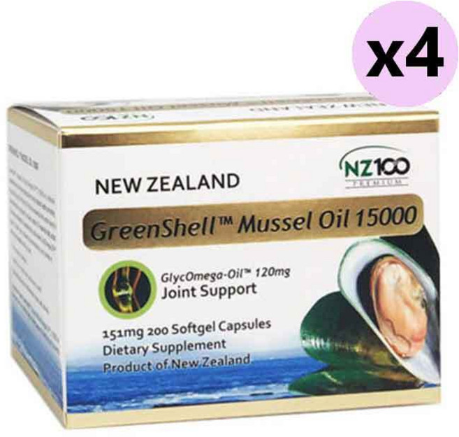 NZ100 초록입홍합 추출 오일 15000 151mg 200 캡슐 x4개, 4개, 200정