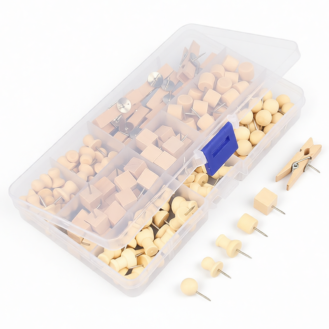 木質原木圖釘 工字釘大頭針 美工釘圖釘夾 毛氈軟木板佈置釘 辦公用品手作材料, 1個, 135個釘套裝, 135個裝