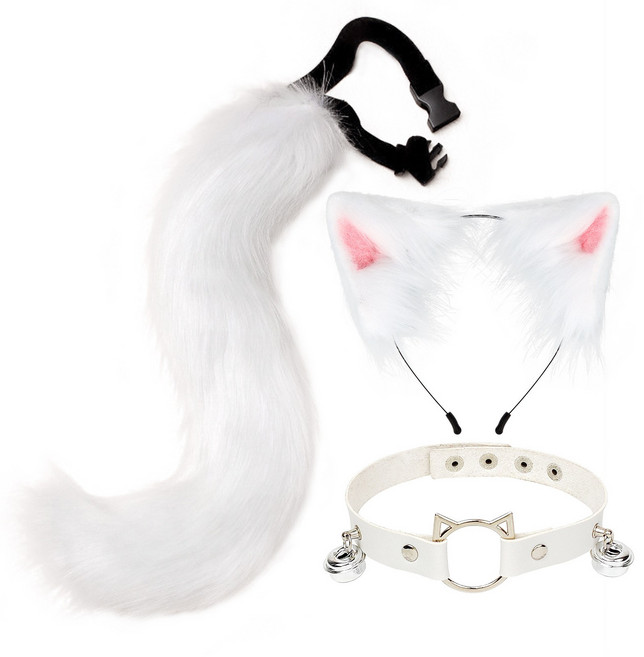 고양이 꼬리 코스프레 여우 세트 무채색 프리사이즈, 화이트