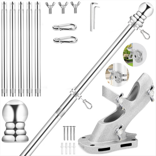 주택용 깃대 6피트 스테인레스 스틸 회전 깃대 키트 1In 녹슬지 않는 현관 깃대 야외 스포츠용 깃발, 은