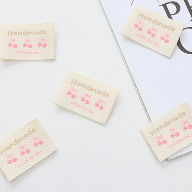 릴리패브릭 장식 라벨 핸드메이드 체리와 곰돌이 면라벨, 5개, 체리체리