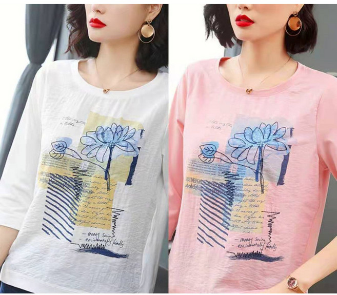 1+1 중년 여성 여름 반팔 티셔츠 캐주얼 7부 티셔츠 루즈핏 기질 라운드 상의 반팔티