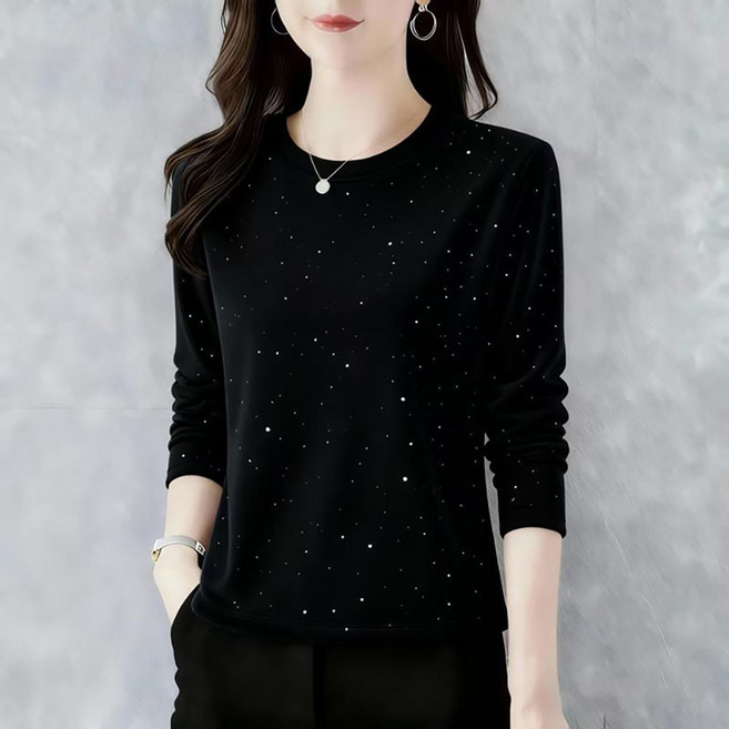 ROYALBELLE 여성 이너 긴팔 슬림핏 단색 티셔츠 심플 반짝이 디자인 라운드넥 티셔츠 Z01020314