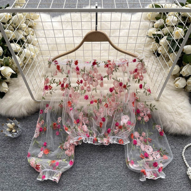 지고다그 여성 여름 오프숄더 시스루 레이스 블라우스 루즈핏 꽃자수 퍼프소매 반팔 긴팔 겸용 상의HH1209