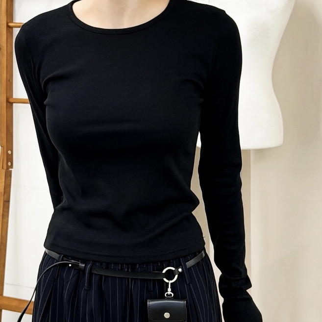 르류 여성 슬림 골지 모달 긴팔 티셔츠