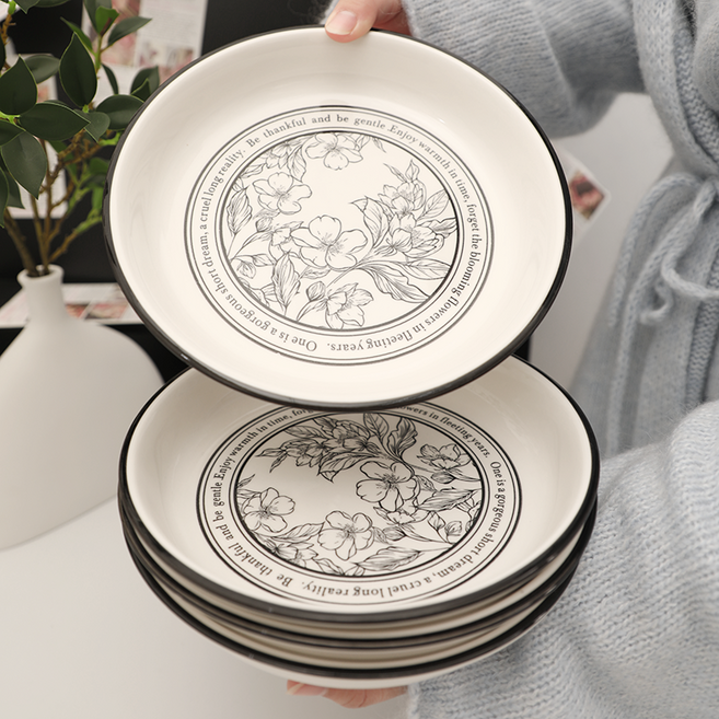 동백꽃 파스타 스테이크 접시 도자기 접시 가정용 이쁜 접시 세트 20.3cm, 화이트, 단품, 4개