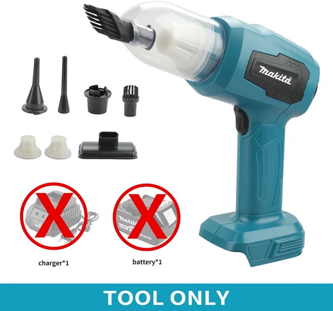 Makita 18V 무선 진공 청소기: 200W 10000Pa 180ML 용량 7개 노즐 효율적인 자동차 및 작업 공간 청소, 01 No battery