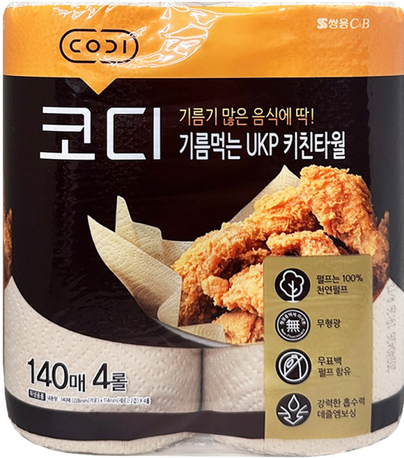 코디 아름드리 기름먹는 천연펄프 키친타올 140매, 4롤, 2개