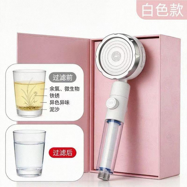 無品牌 過濾增壓三檔花灑噴頭 附支架軟管, 1個, 經典白 過濾增壓 ,單花灑 自帶一個濾芯