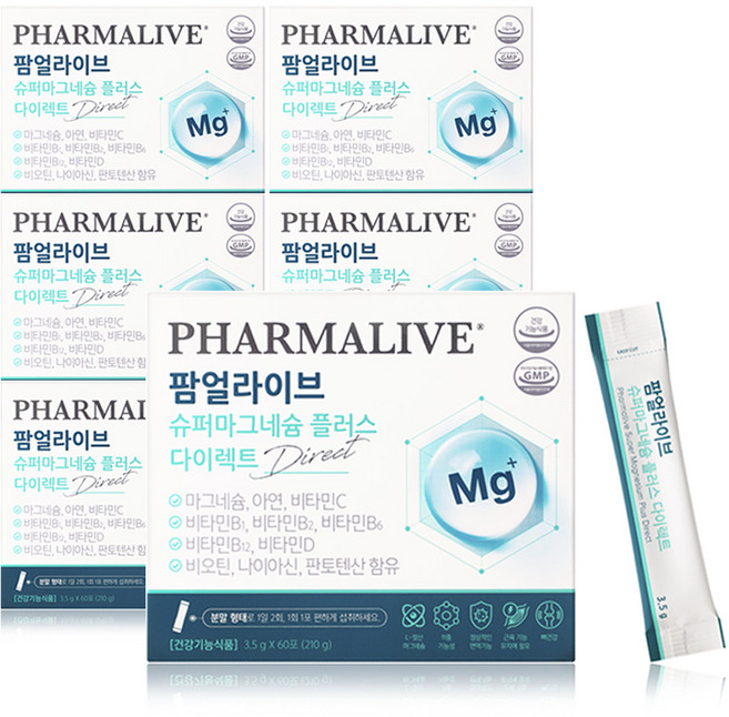 [레몬맛] 하루 2포로 챙기는 11중 기능성 젖산 슈퍼마그네슘 플러스 다이렉트, 210g, 6박스