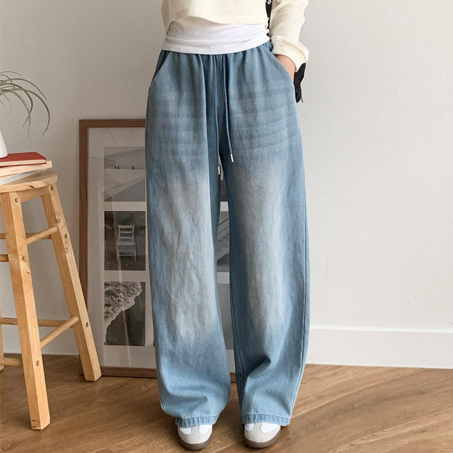 더한땀 여성 와이드 밴딩 워싱 데님 팬츠 통넓은 청바지