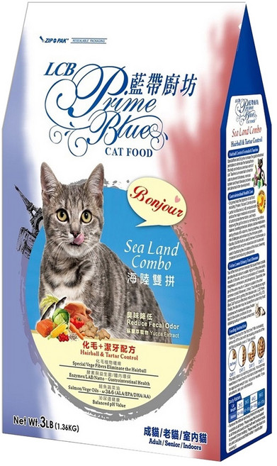 LCB 藍帶廚坊 成貓/老貓/室內貓 海陸雙拼 乾飼料, 化毛 + 潔牙配方, 1.36kg, 1袋