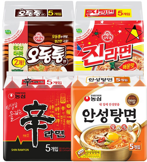 농심 신라면120g(5개)+안성탕면 125g(5개)+오뚜기 오동통면120g(5개)+진라면매운맛120g(5개), 15개