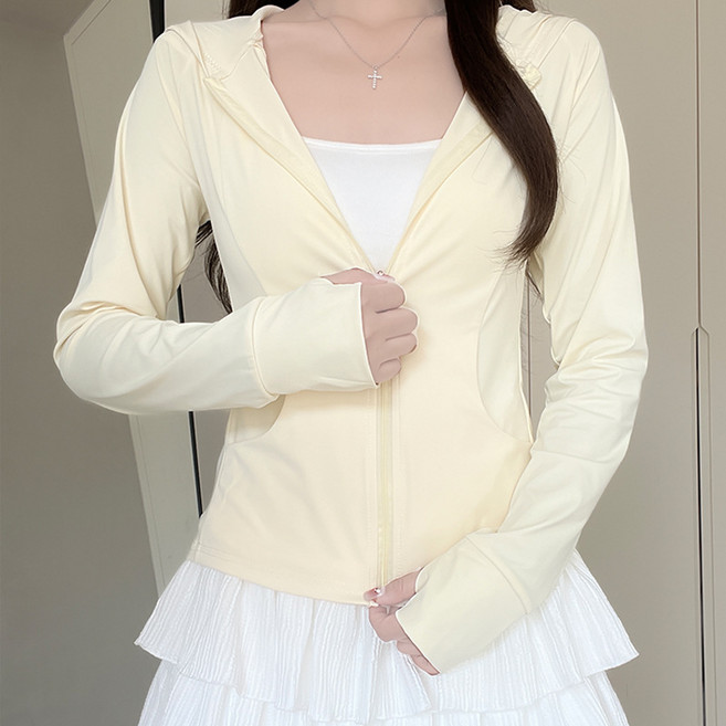 黑色連帽防曬衣女夏季修身輕薄透氣冰絲防曬服戶外運動開衫外套薄, 2XL