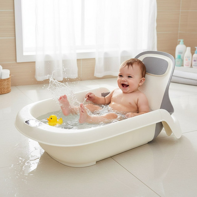 코넘 등받이 각도조절 아기욕조 온도감지센서 일체형, 1개, 화이트+그레이