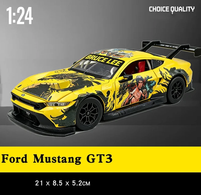 1:24 합금 럭셔리카 로고 모델 다이캐스트 금속 레이싱 차량 자동차 소리와 빛이 나는 어린이 장난감 선물, 21 Mustang GT3 yellow