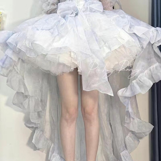 洛麗塔蓬蓬公主裙 婚紗拍照洋裝, 【新花嫁】藍色吊帶裙+拖尾,S 60-90, 藍色