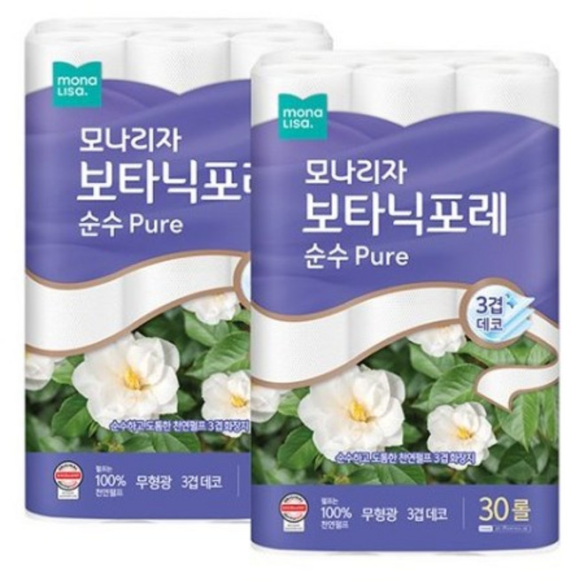 모나리자 보타닉포레 천연펄프 순수 화장지 27m x30롤 x2팩, 4개