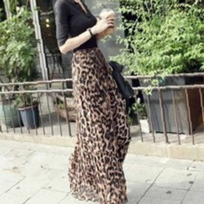 애니멀 패턴 쉬폰 롱 스커트 허리 밴딩 플리츠 주름 에이라인 맥시 기장 여성